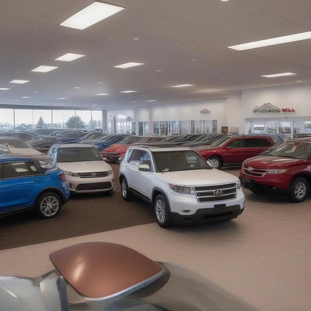 A helpful guide on Apple Valley car dealerships, featuring diverse types of cars and a friendly salesperson