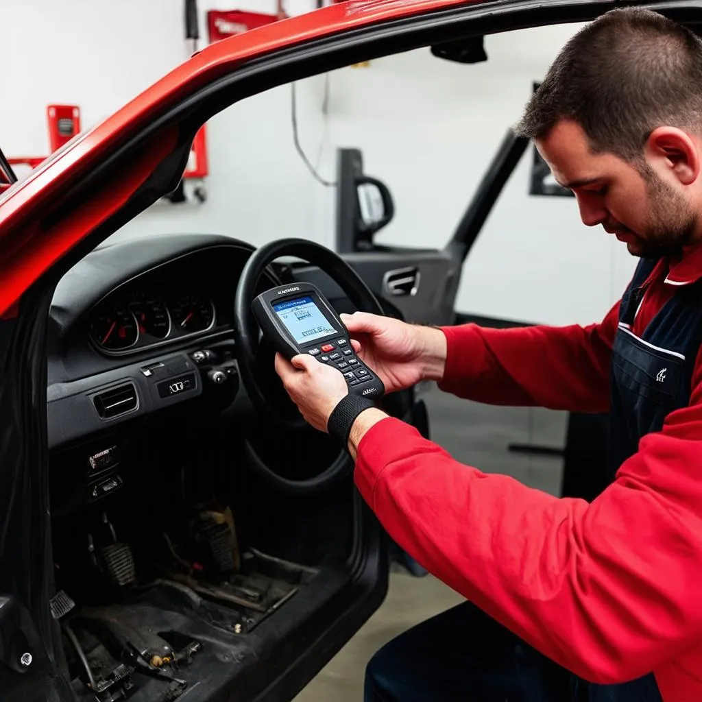 Mechanic using an OBD scanner on an Audi