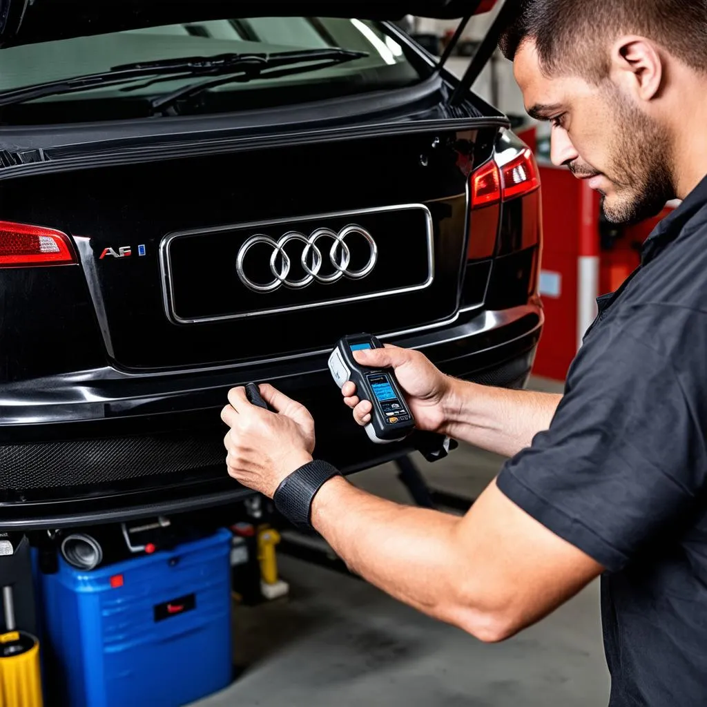 Mechanic using an OBD Scanner on an Audi A4 B5