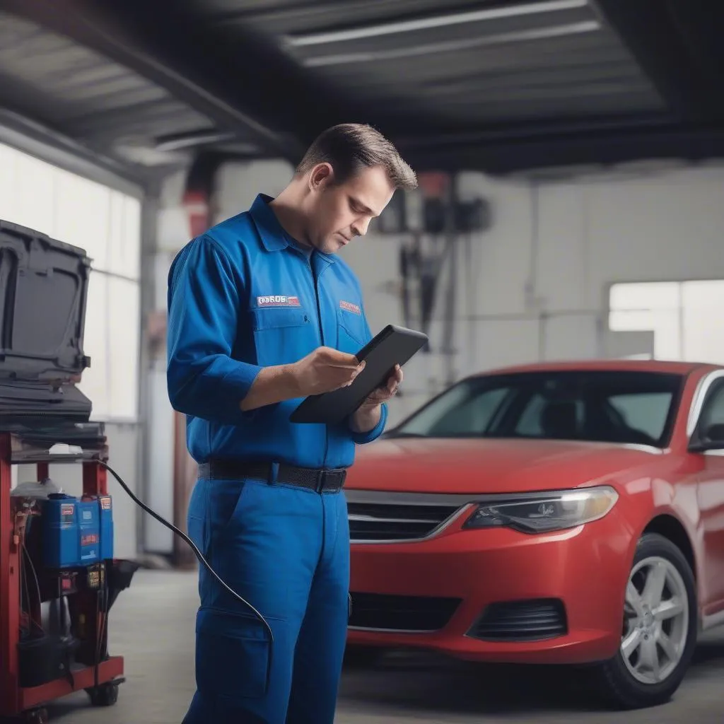 Mechanic using Autel OBD scanner tablet