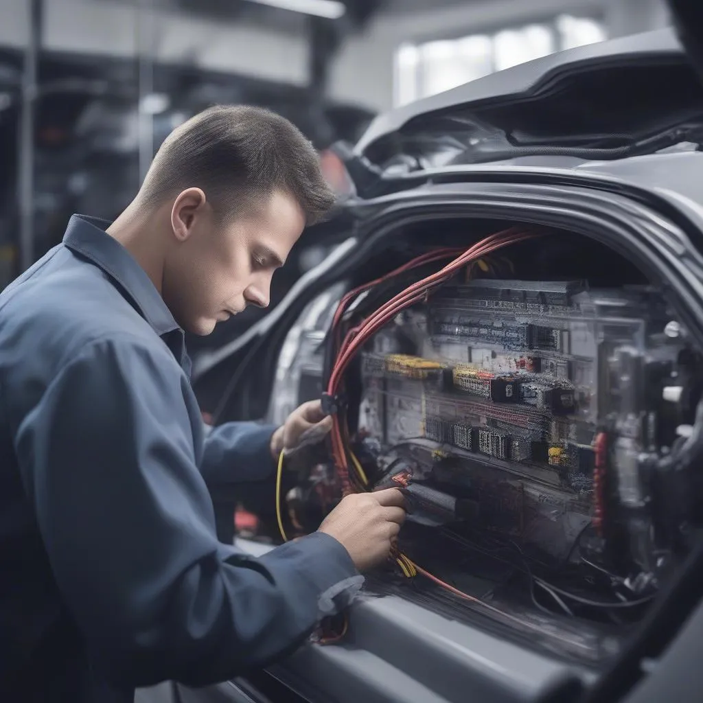 Automotive Electrical Technician Working on Car