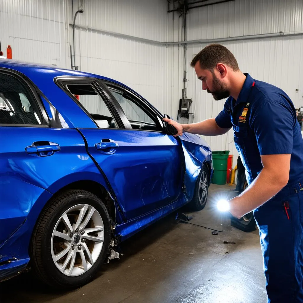 Mechanic Inspecting Car Damage