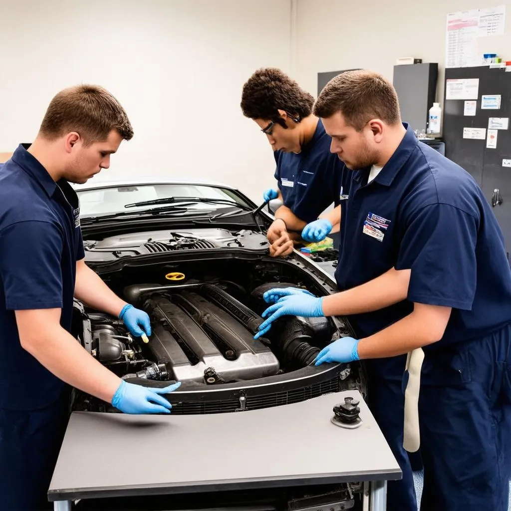 Students Working on Car Engine in Automotive Training Class