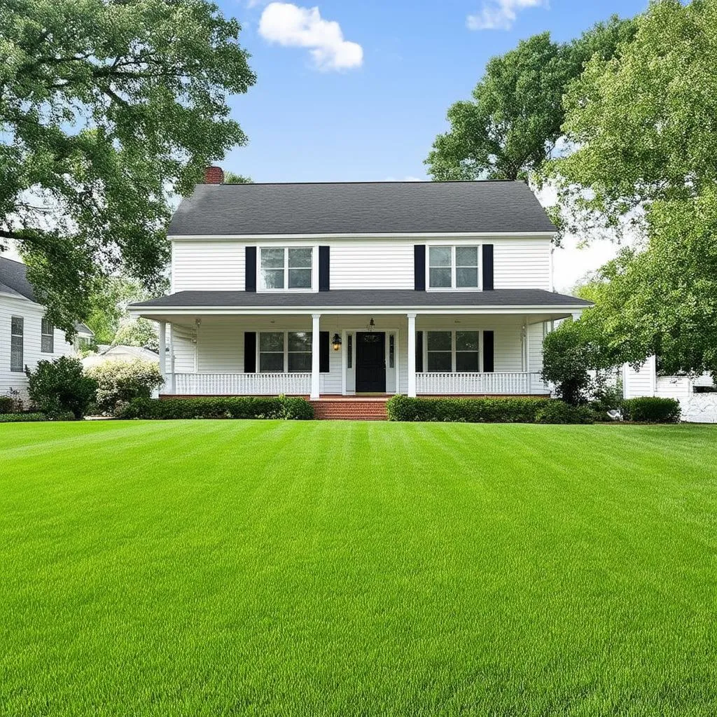 A lush green lawn in front of a house