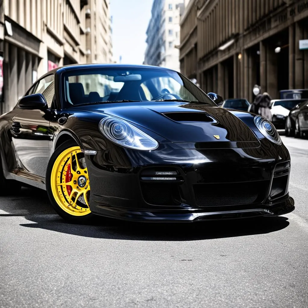 Black car with yellow calipers parked on a street