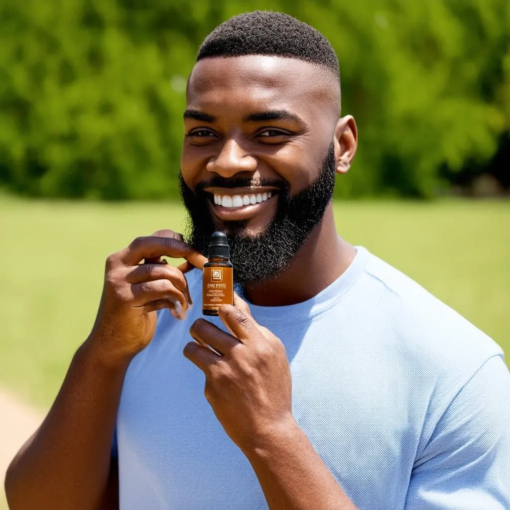 A Black man applying beard oil