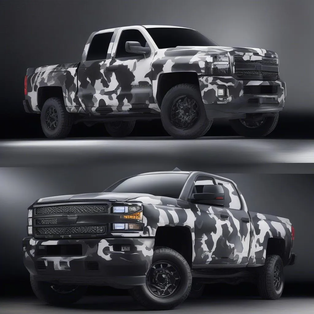 A black and white camo car wrap on a rugged truck