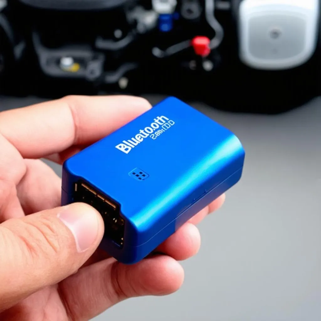 Hand holding a Bluetooth OBD2 reader