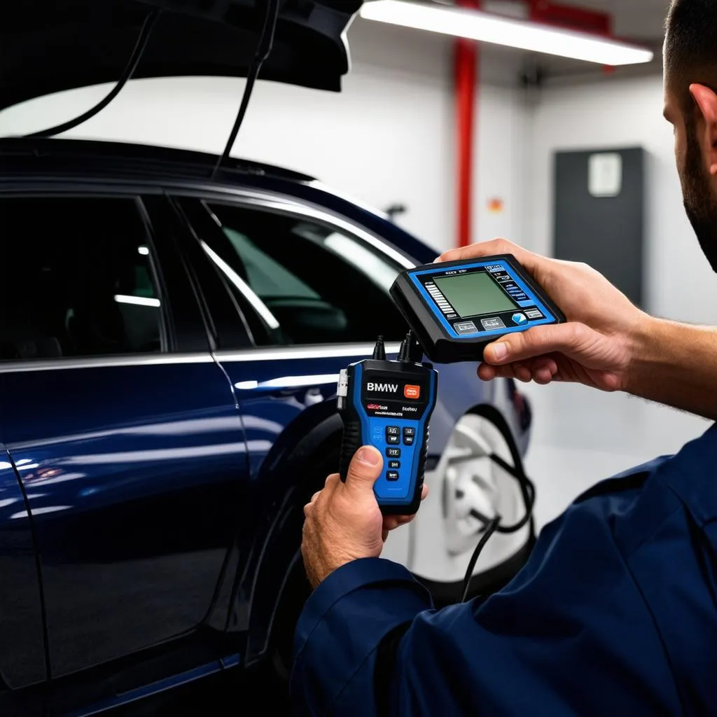 A mechanic using a diagnostic tool to check a BMW 745li