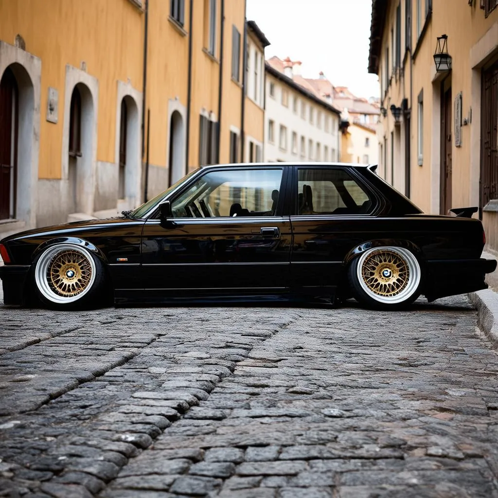 A black BMW E30 3 Series parked on a city street