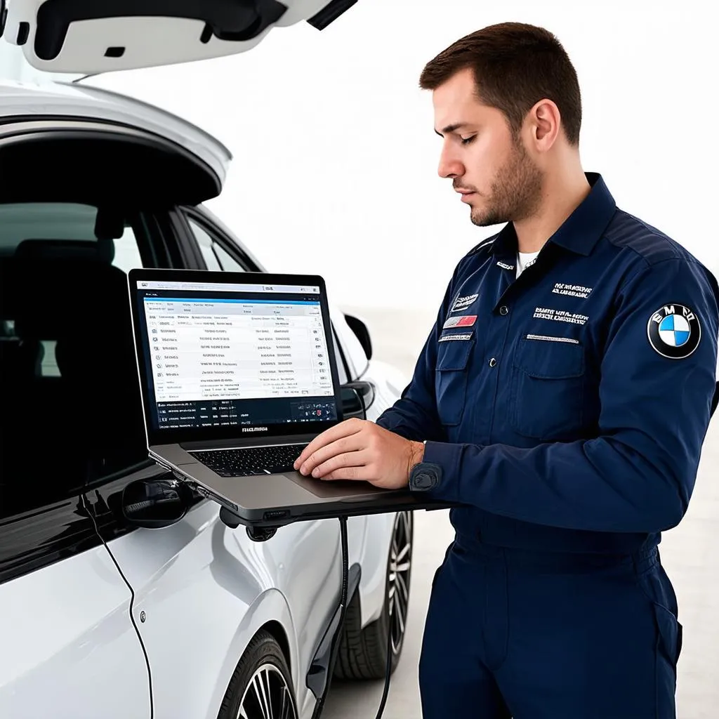 BMW Mechanic using diagnostic tool