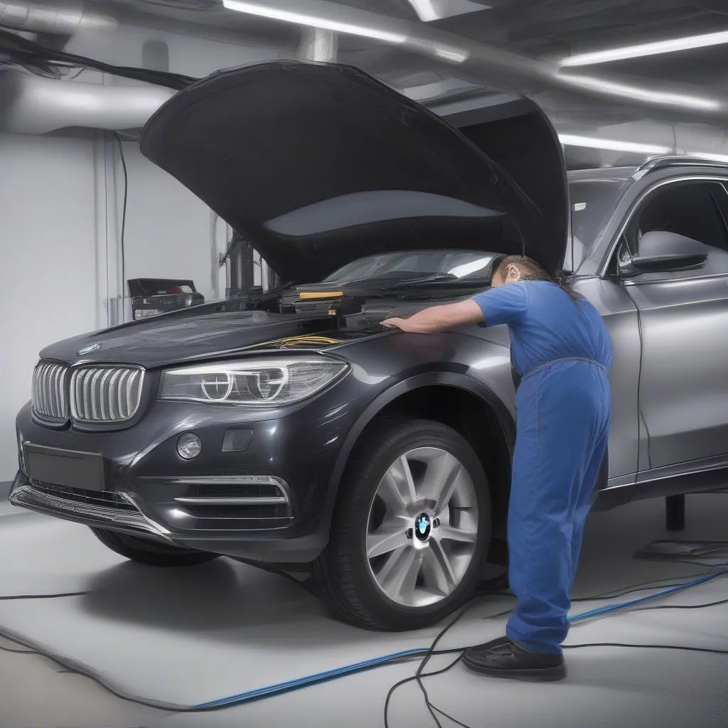 A mechanic using a dealer scanner on a BMW, Mercedes-Benz, or Audi vehicle.