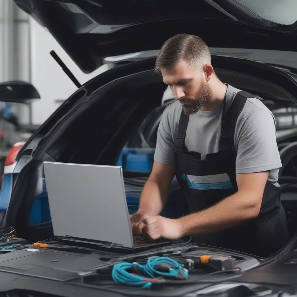 A professional mechanic working on a BMW car with a laptop connected to the OBD port