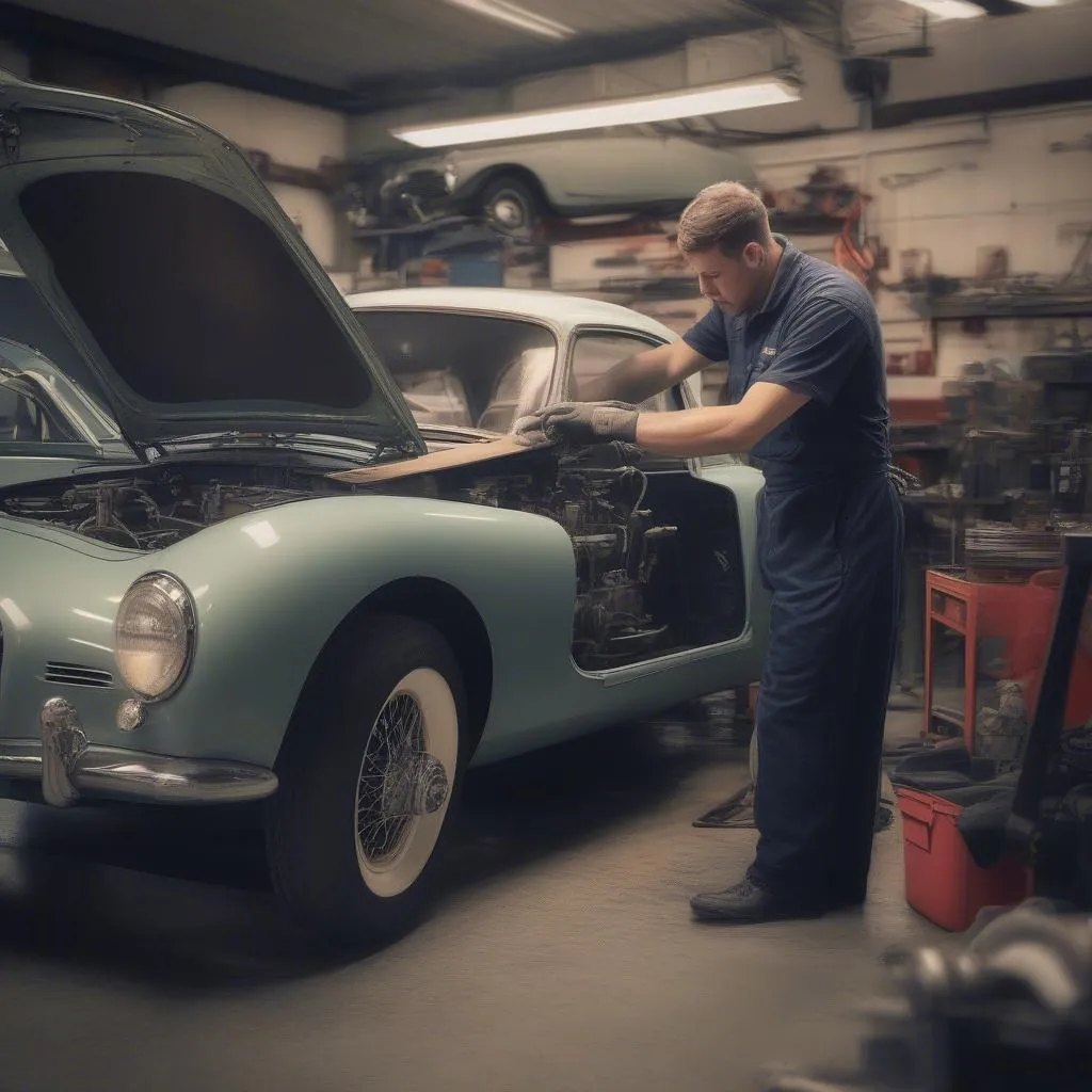 British car mechanic working on a classic car