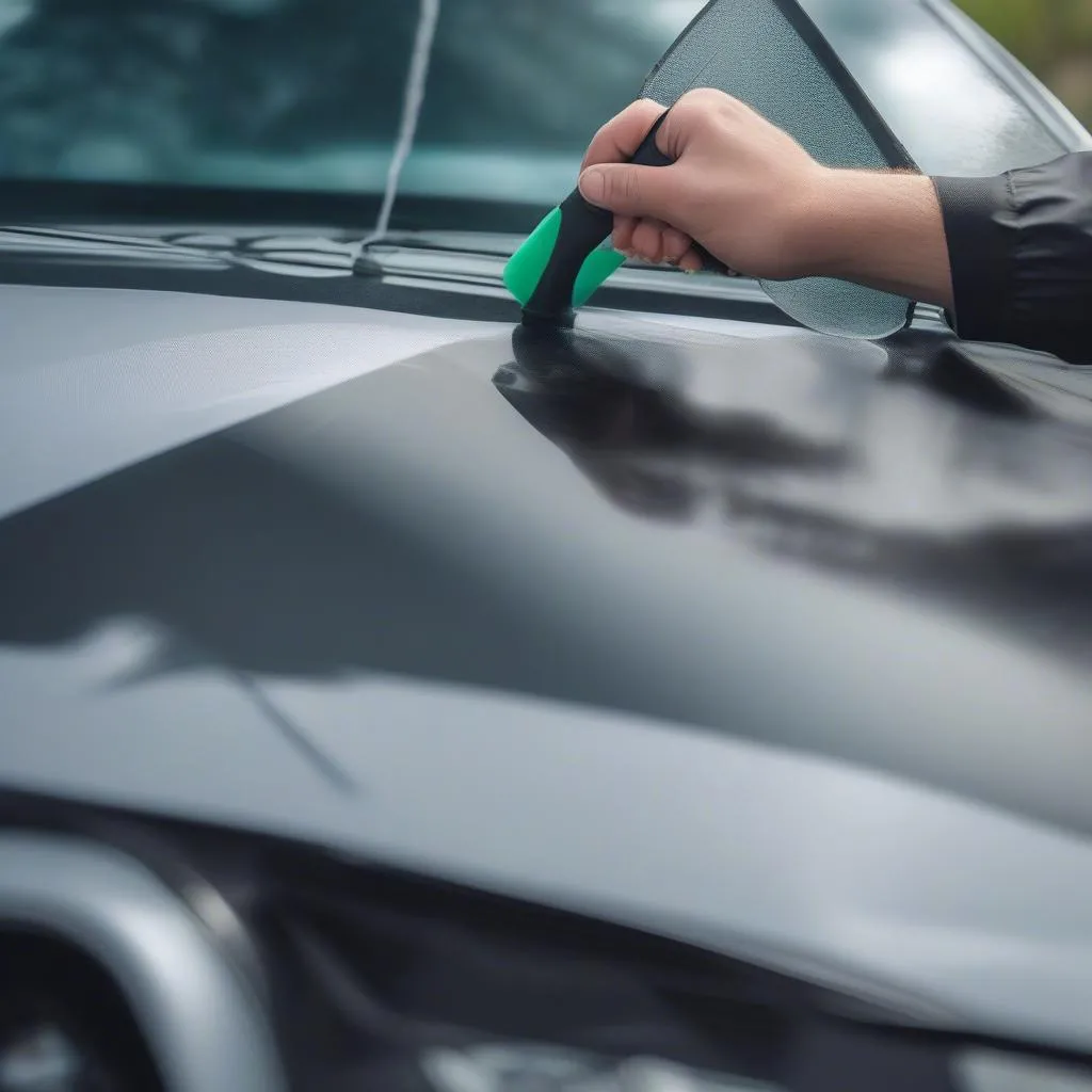 A mechanic is installing a bubble car protector on a car's windshield in a garage, using a squeegee to smooth out the film.