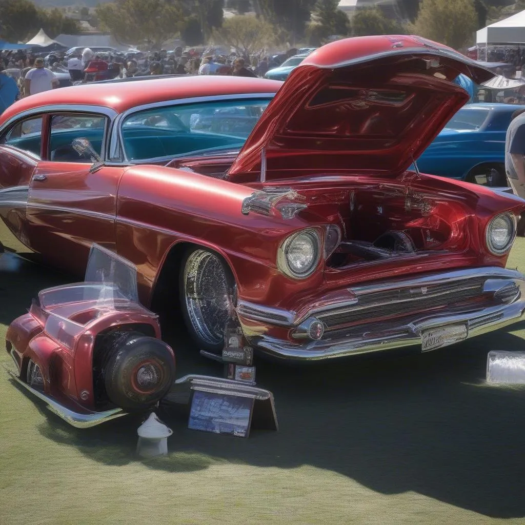 A display of custom-built cars, hot rods, and lowriders in Anaheim