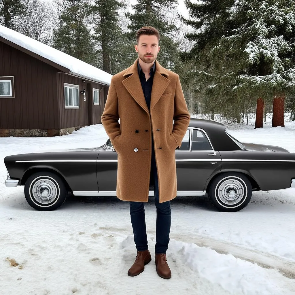 Man in Camel Wool Car Coat next to Vintage Car