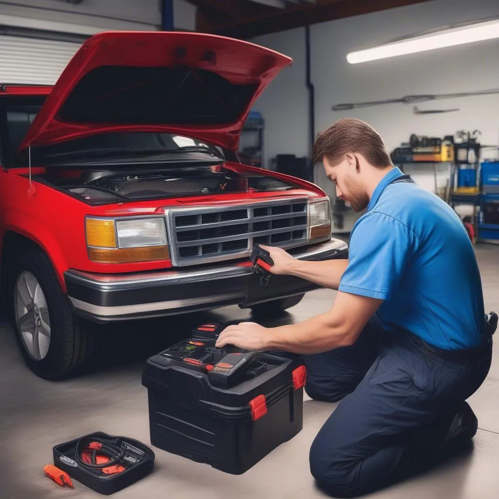 Mechanic using a CAN FD OBD scanner on a modern car