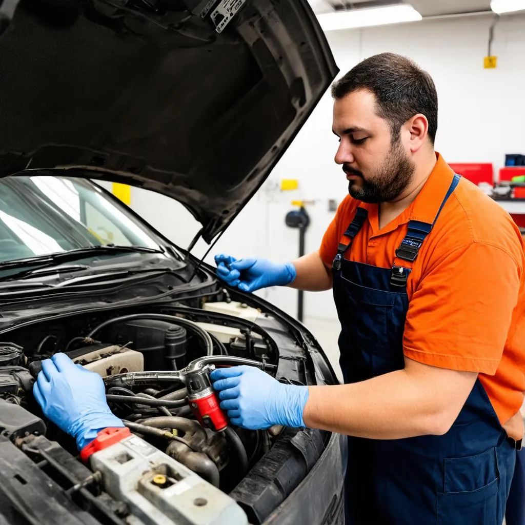 Mechanic working on car AC in a Los Angeles repair shop