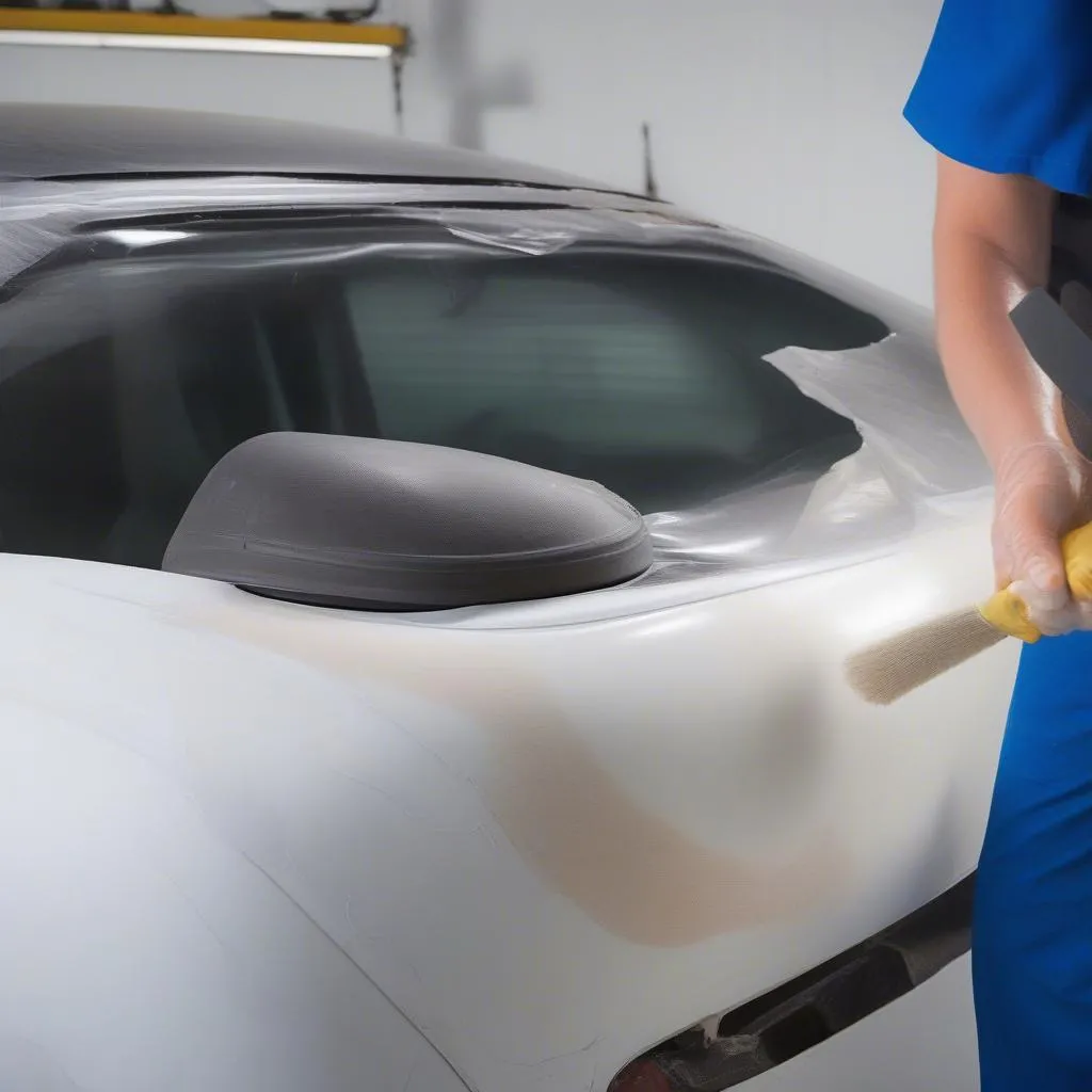 Car body filler application preparation step 1: Cleaning and sanding the damaged area