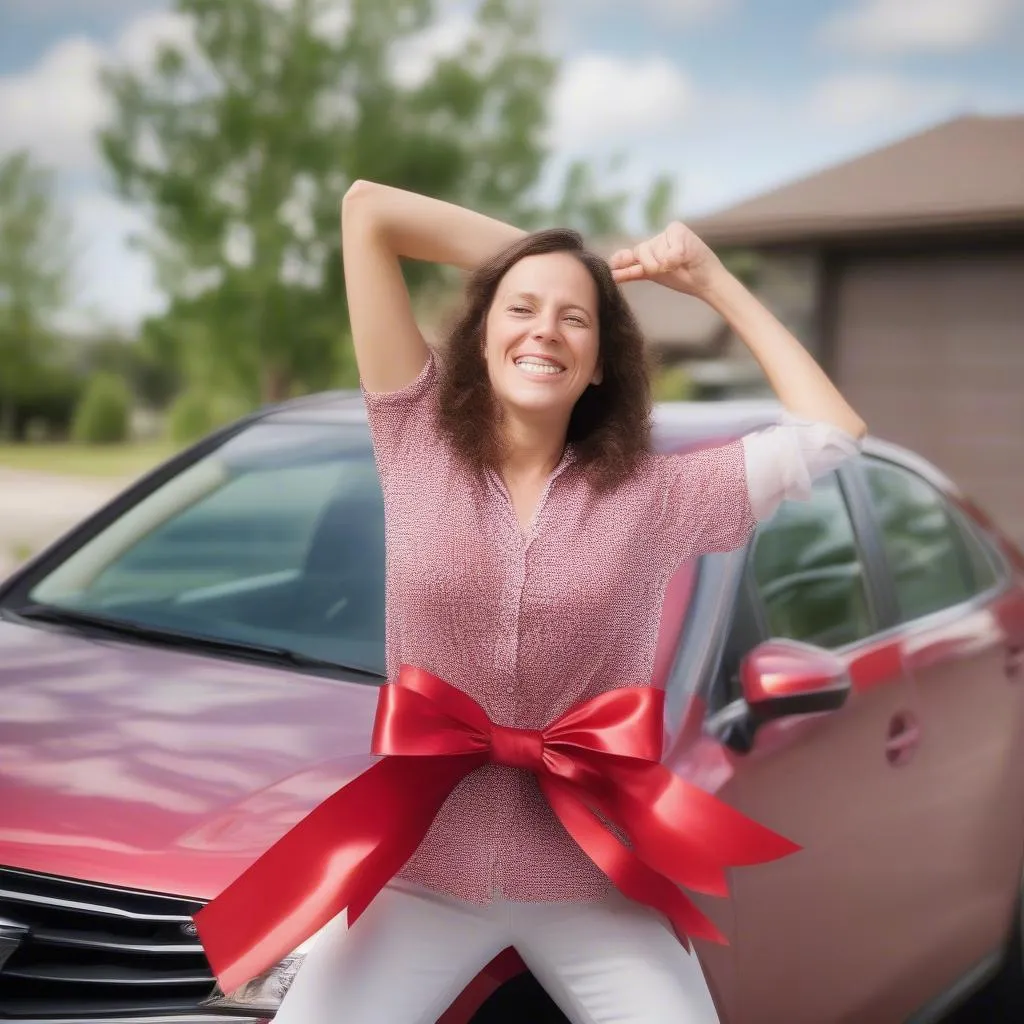 New Car Owners Celebrating with Bow for Car Gift