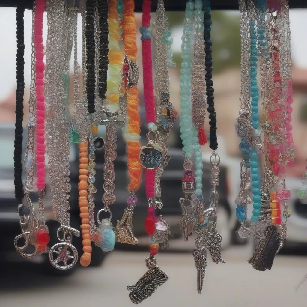 A close-up view of car charm bracelets hanging from a rearview mirror. The image features a variety of charm bracelets in different colors and styles.