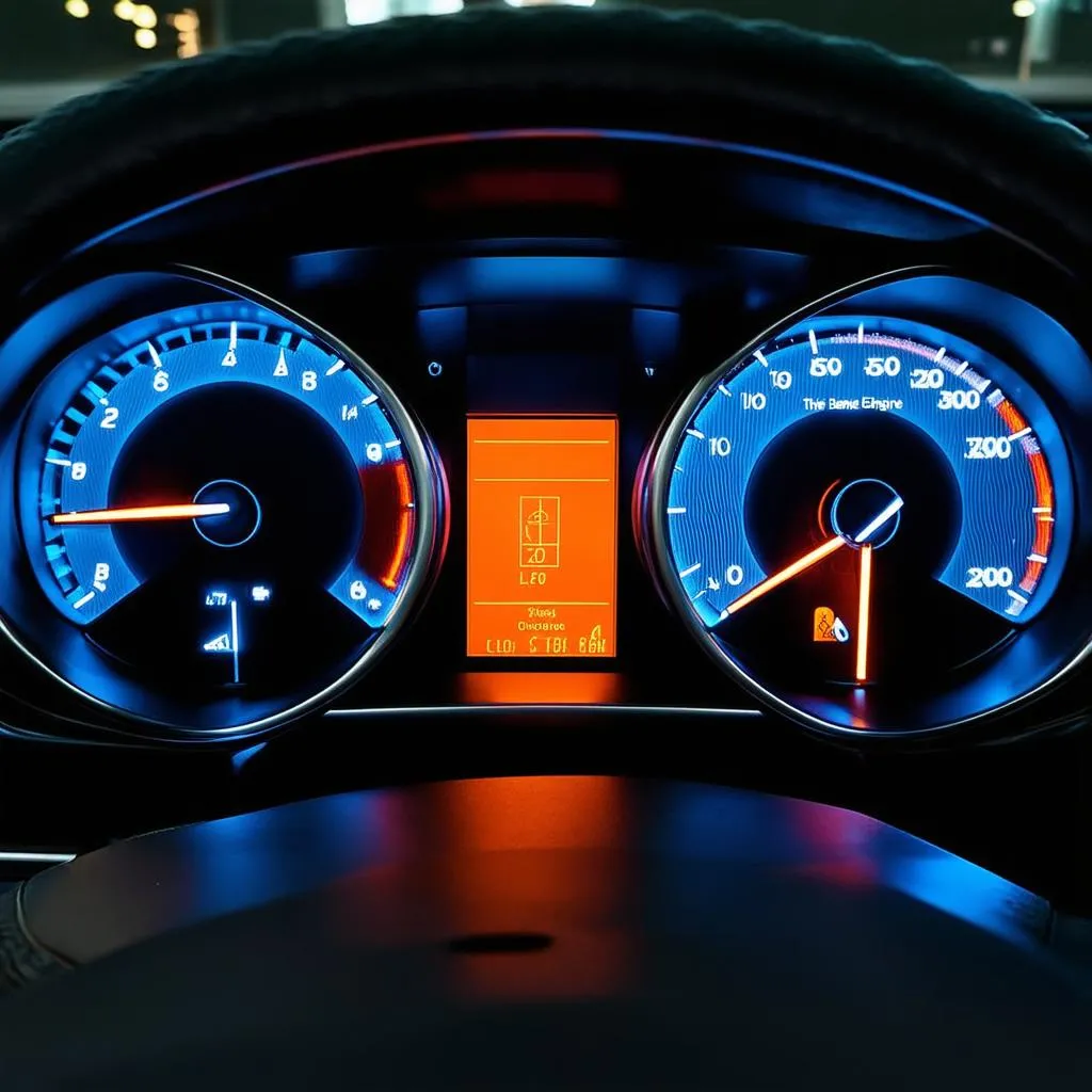 Car dashboard with check engine light illuminated