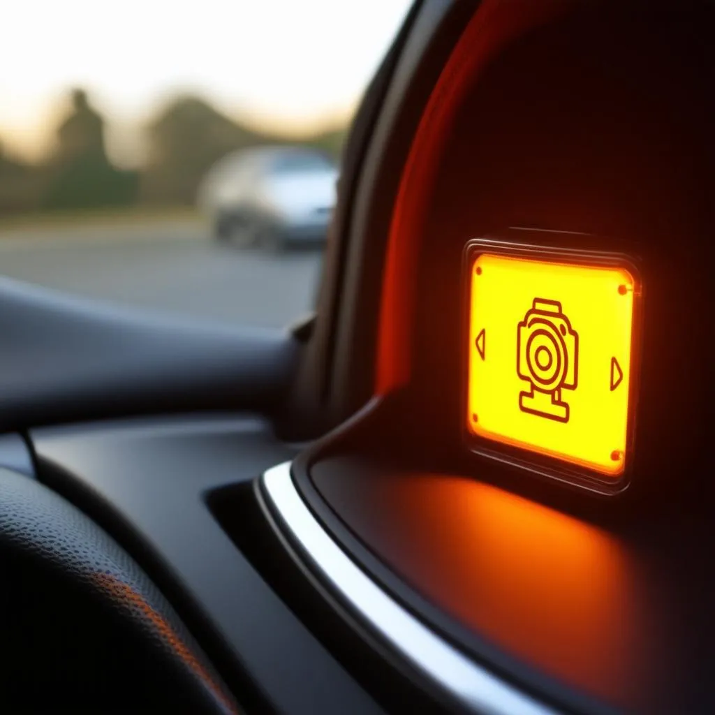 A car dashboard with a warning light illuminated