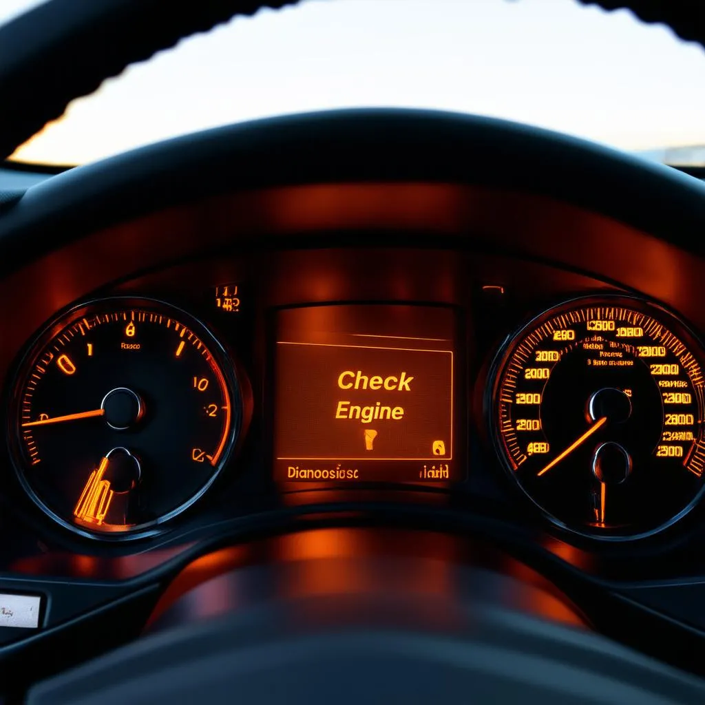 Car dashboard with check engine light