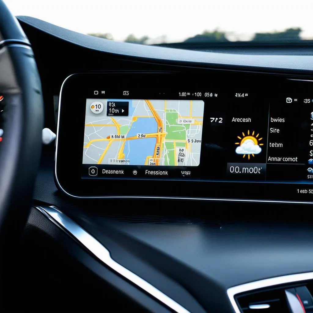 Car dashboard with GPS navigation and weather app open.