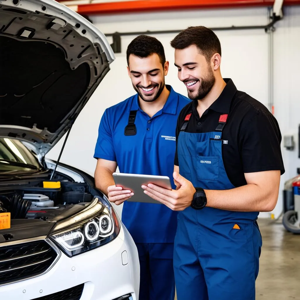 Mechanic helping car owner