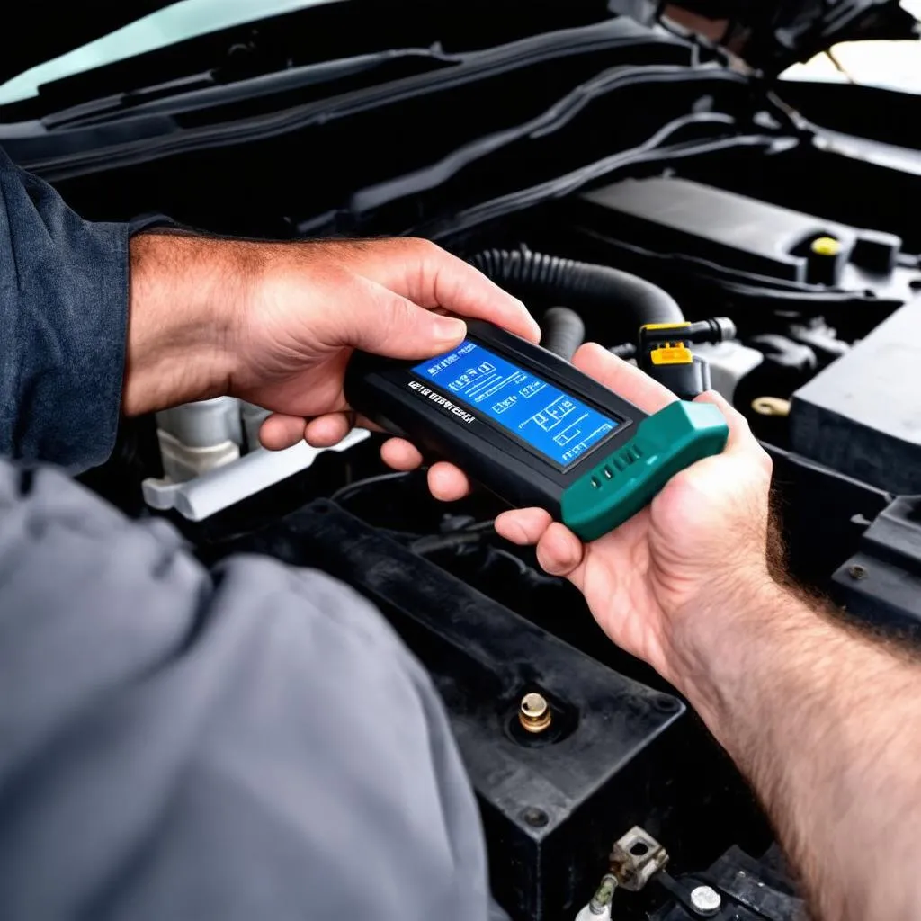 Mechanic using diagnostic tool