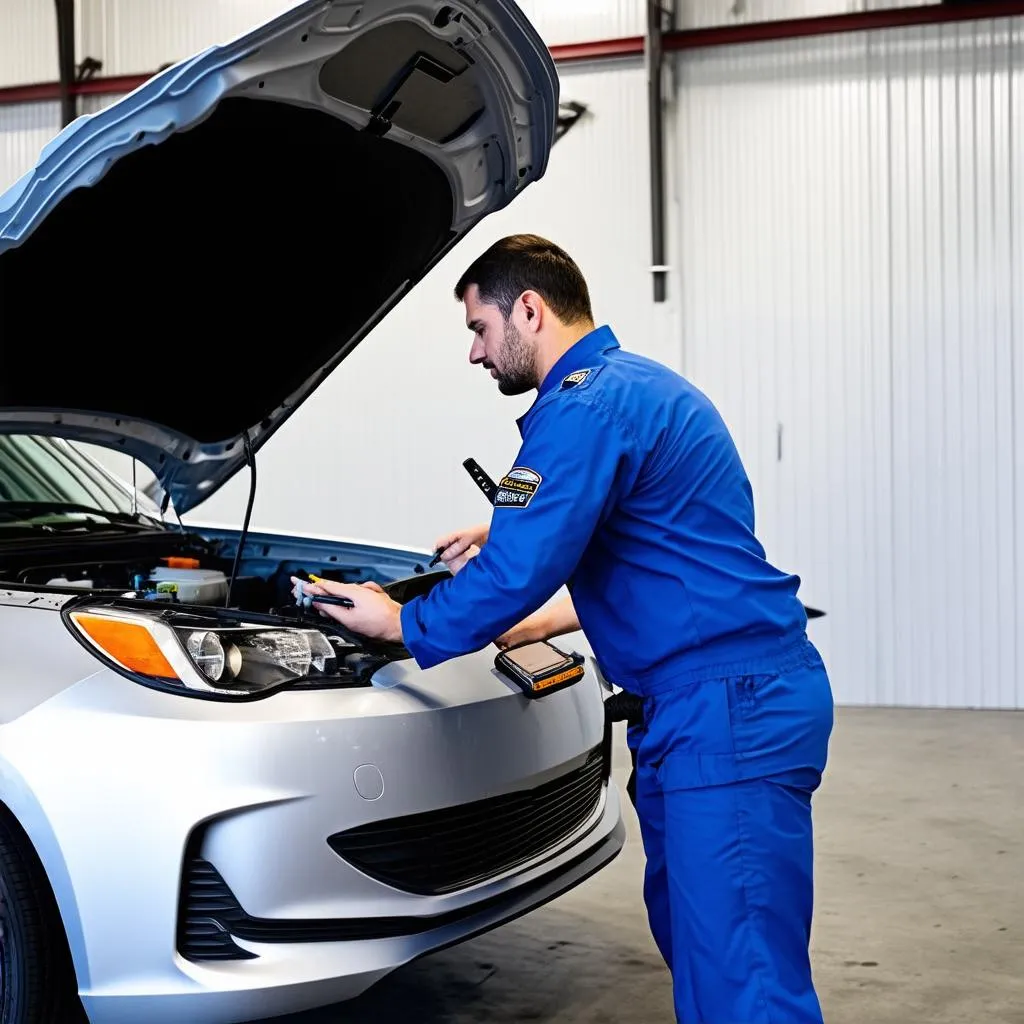 Car diagnostics technician working on a car