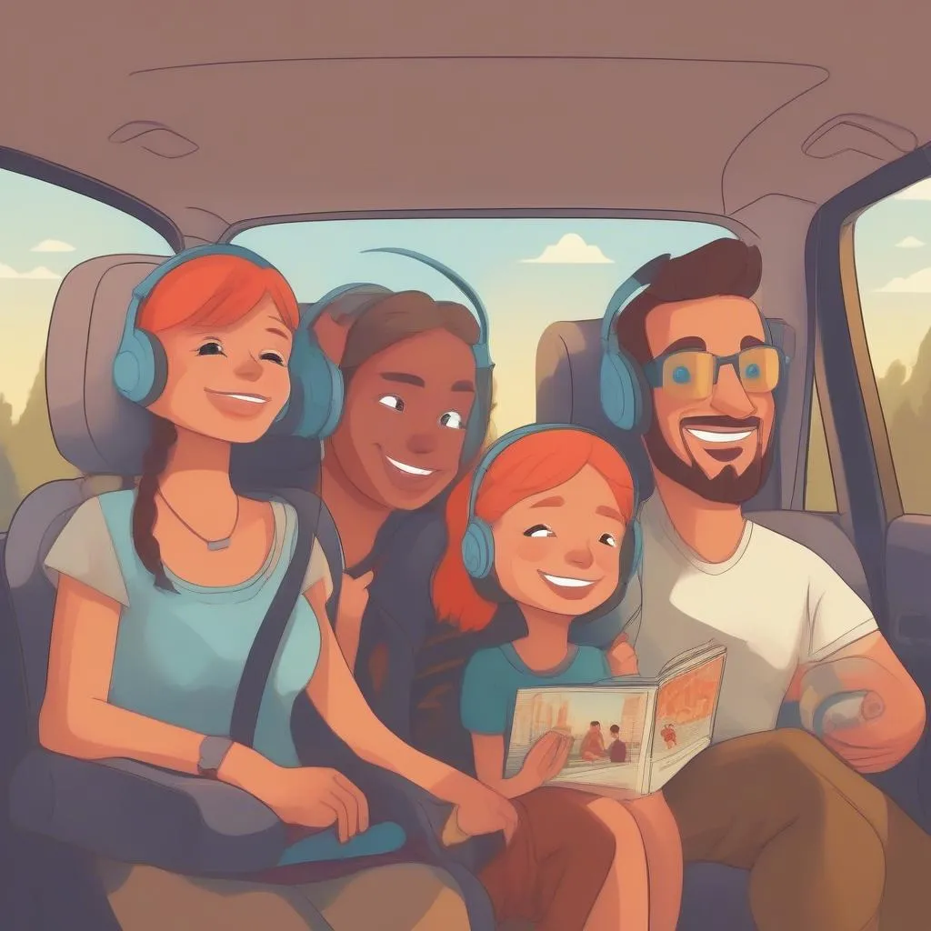 A Family enjoying a road trip with a car DVD system with wireless headphones.