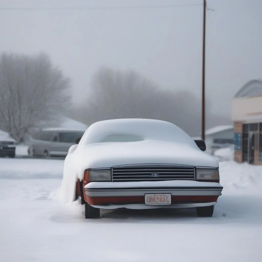 Car Engine Covered in Snow