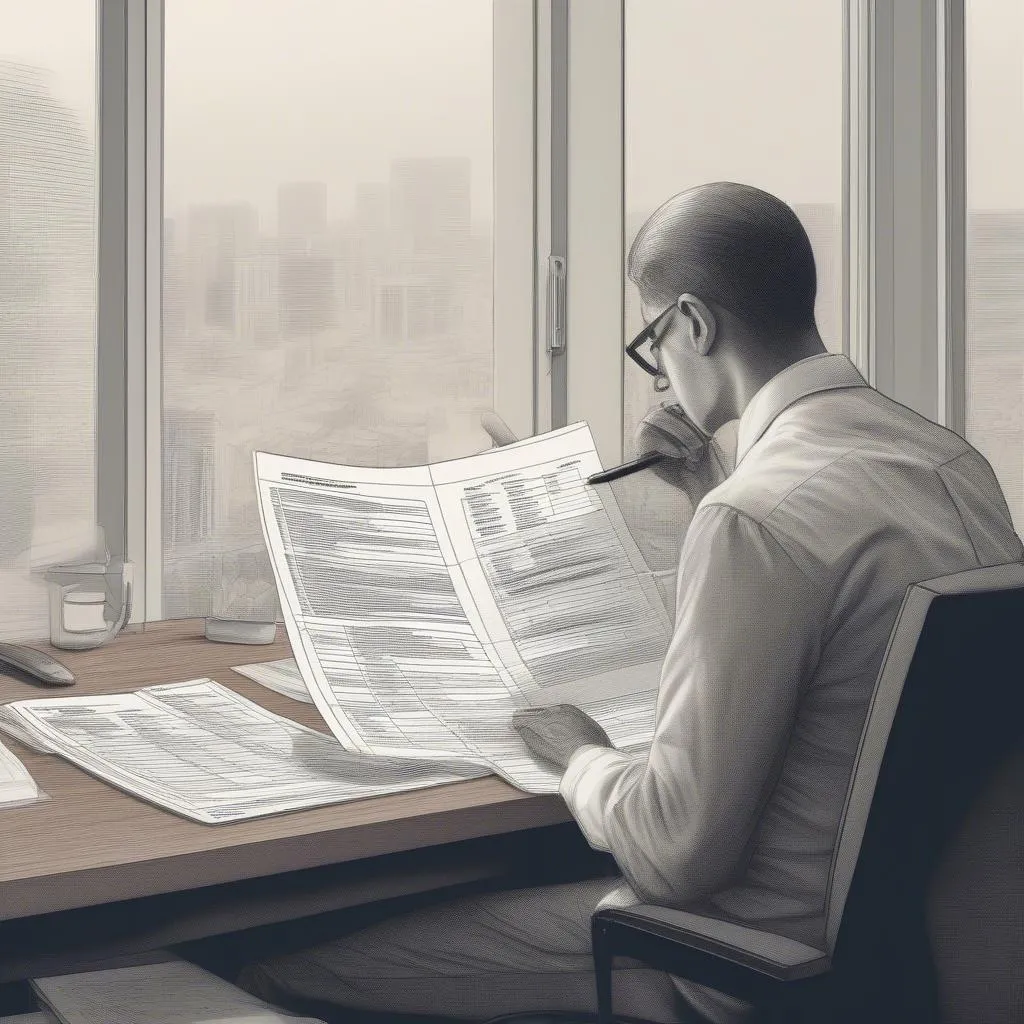 A person looking at a financial statement while sitting at a desk