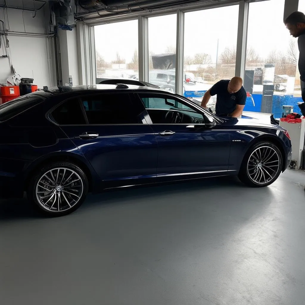 A car being professionally tinted in a Boston shop.