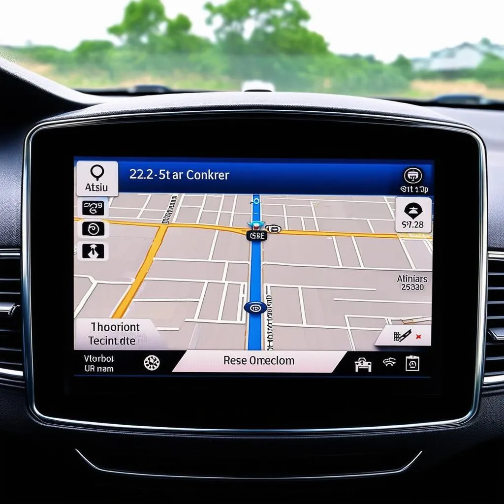 A car's GPS system showing a map and directions