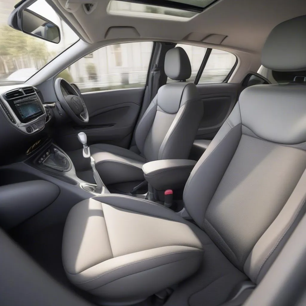 A close-up view of the interior of a small car with a raised driving position. The driver is seated comfortably and has a clear view of the road ahead.