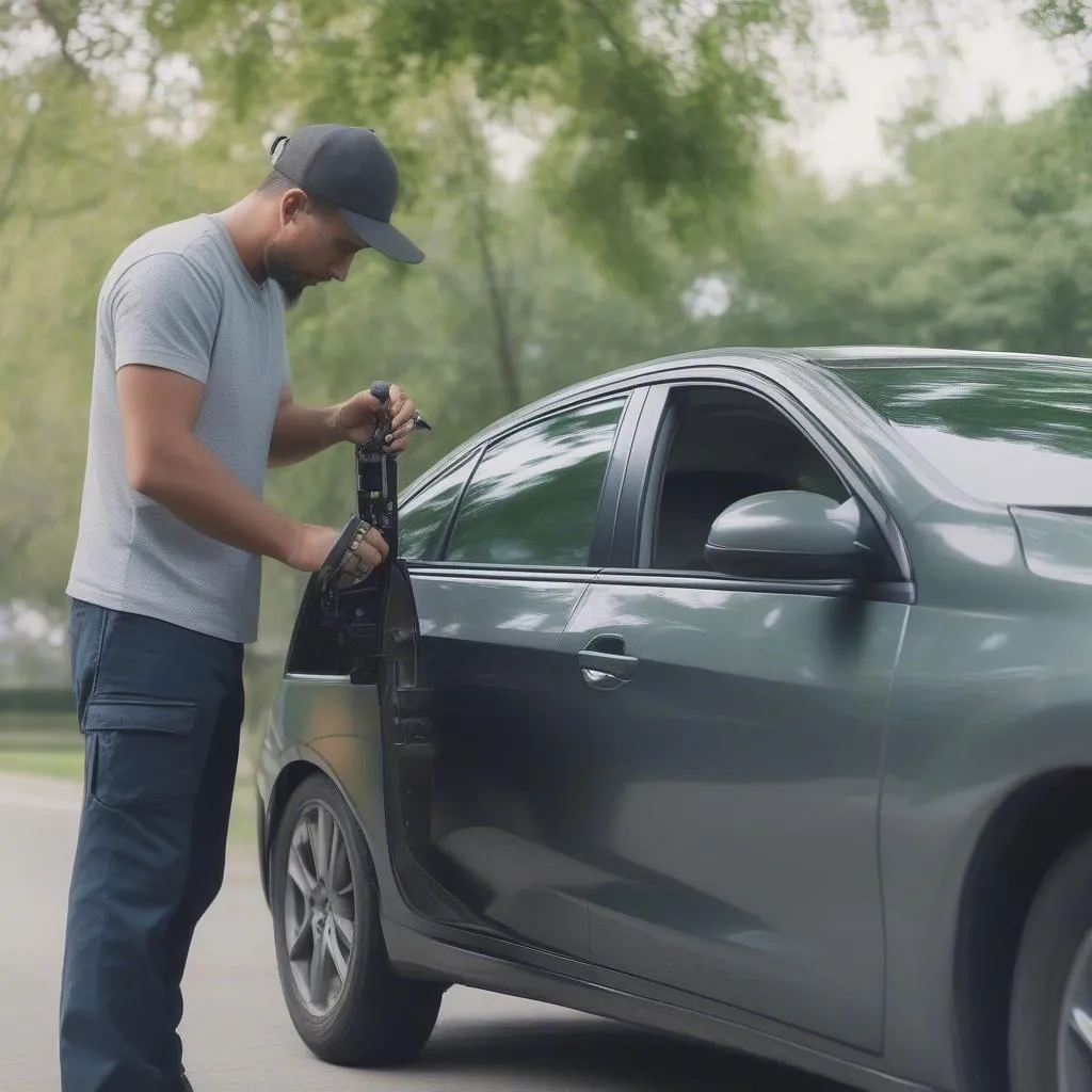 Car locksmith using specialized tools to open a car door.