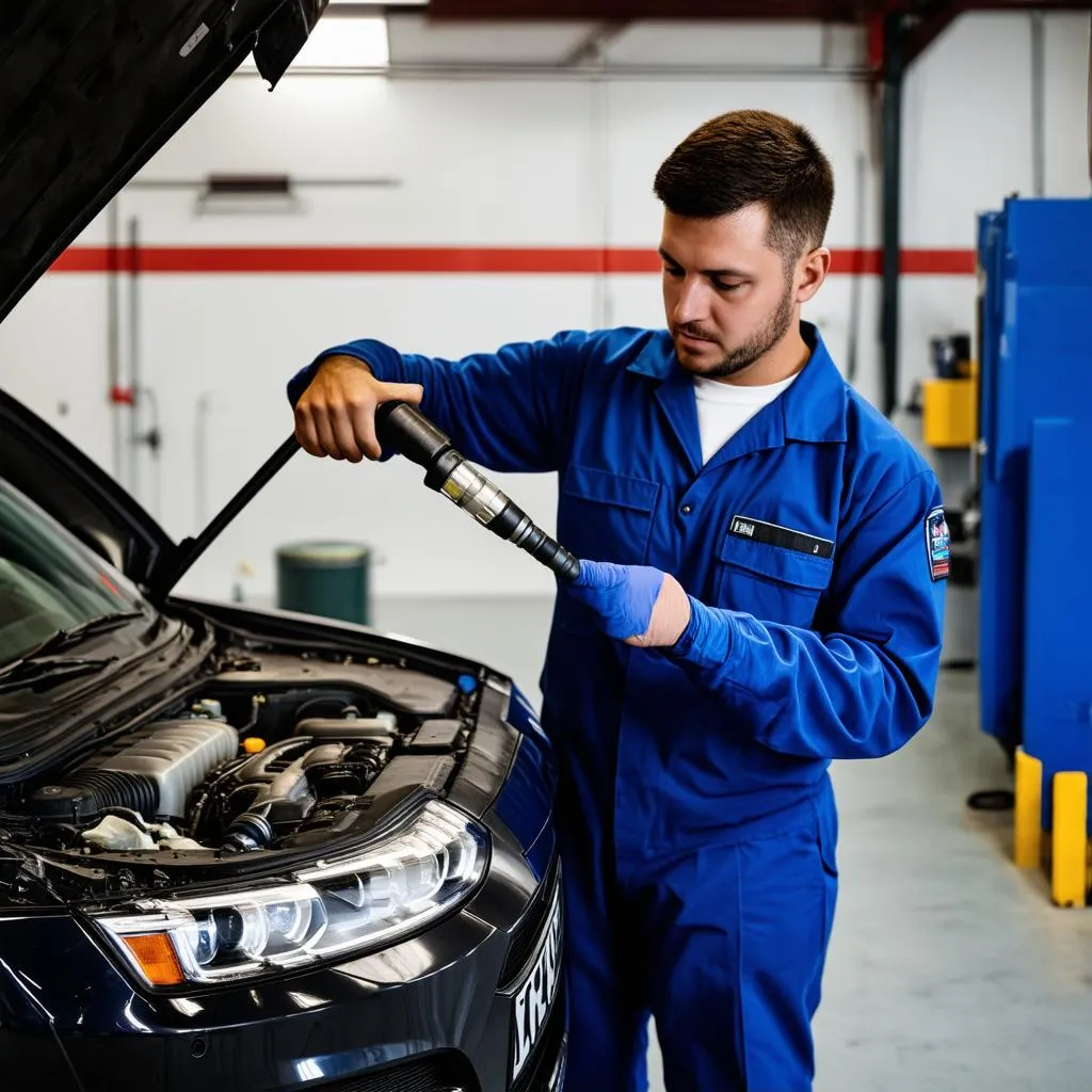 Mechanic inspecting car engine