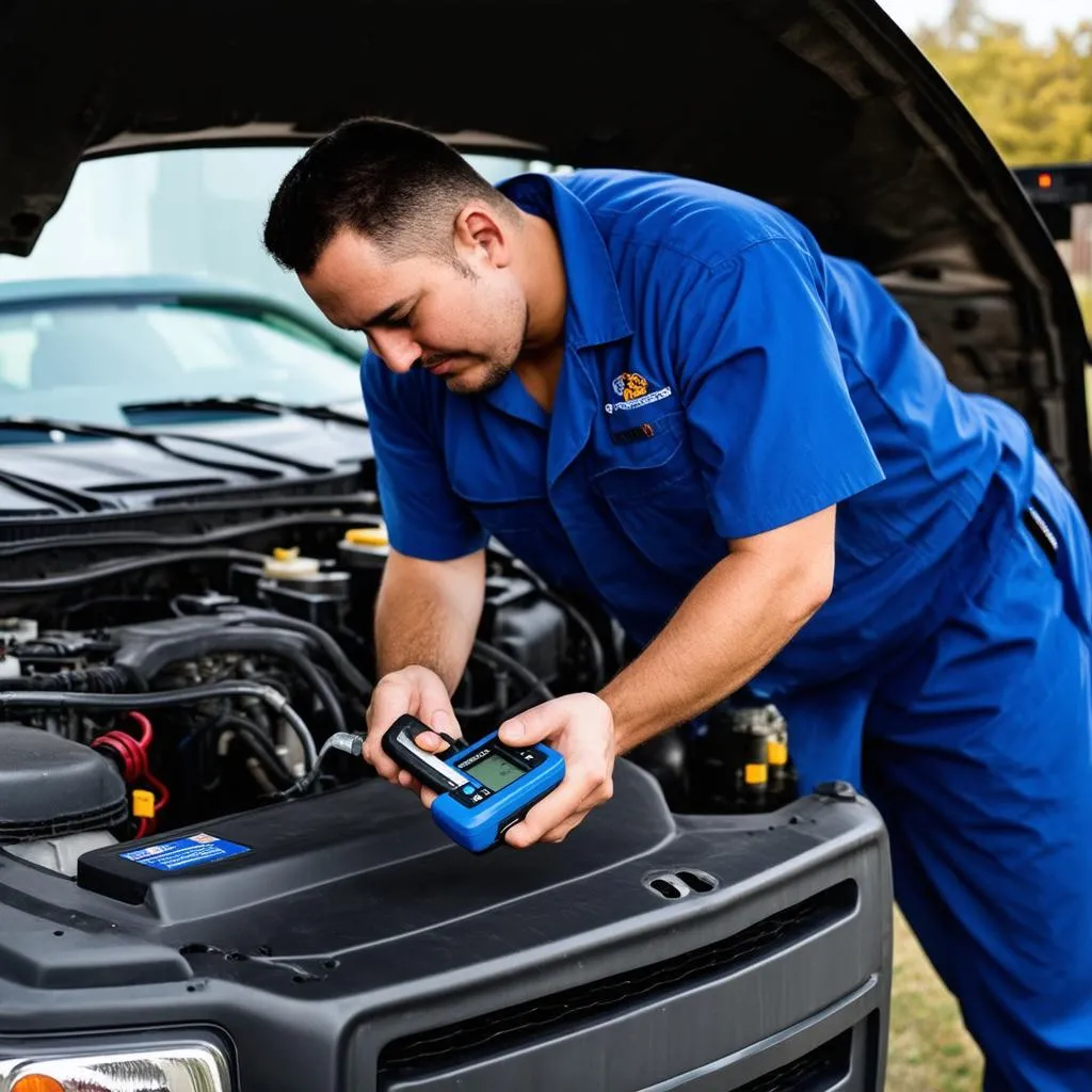 Mechanic inspecting a transmission