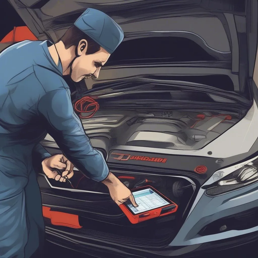 car mechanic using a diagnostic scanner