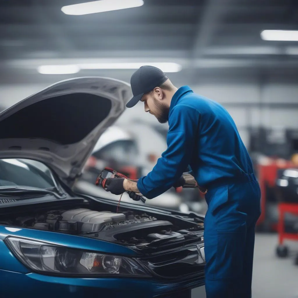 Car mechanic inspecting engine