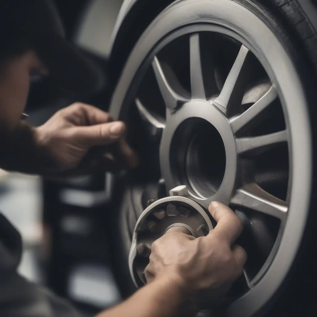 car mechanic inspecting wheel bearings