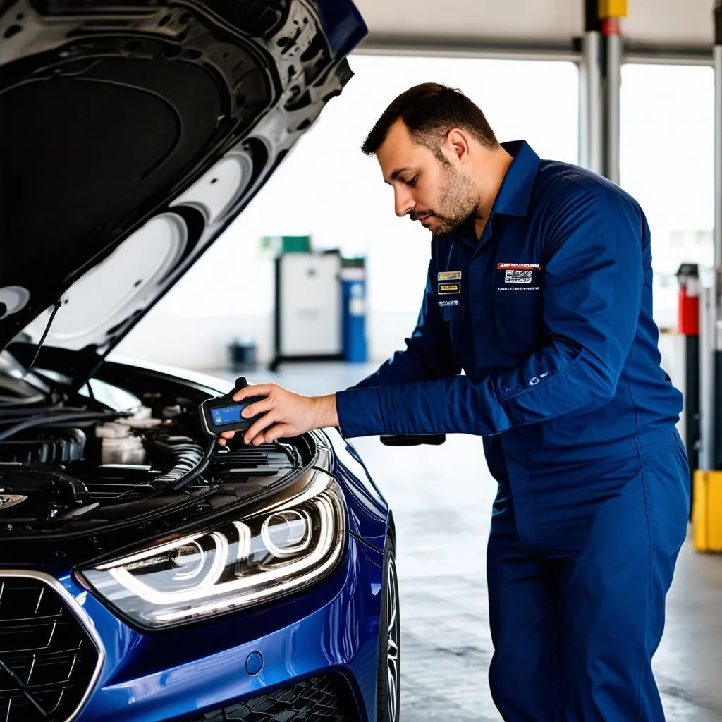 A car mechanic in a repair shop is using a high-tech diagnostic tool to analyze a European car.