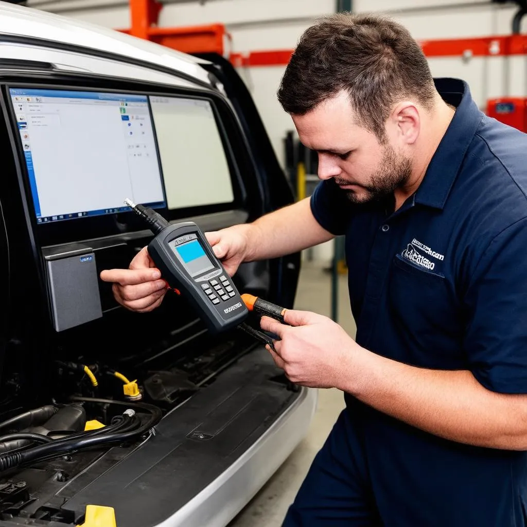 A car mechanic in a professional garage setting is plugging a diagnostic scanner into a car's computer system.