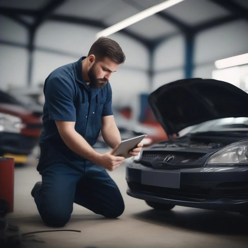 Car mechanic using tablet