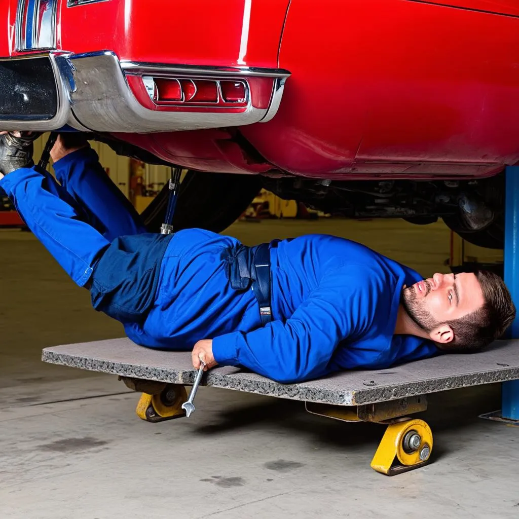 Mechanic working under a car on a lift