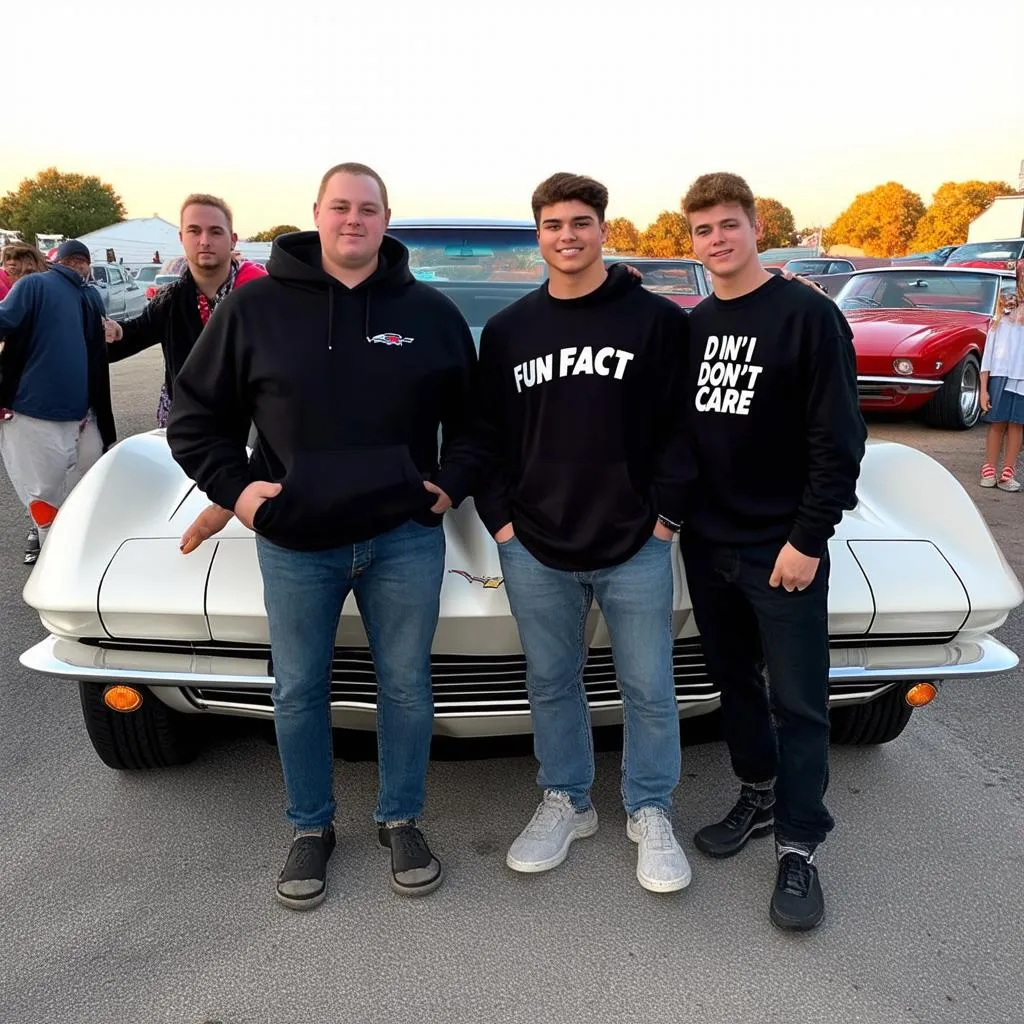 Group of friends at a car meet wearing hoodies